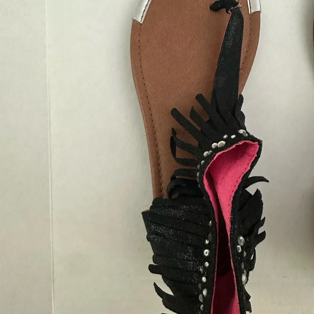 Justice Black Fringe Sandals‎ Size 4